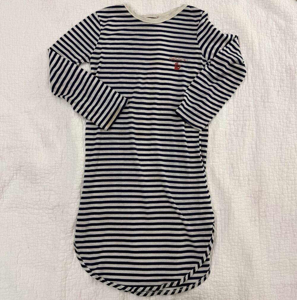 Y2K Striped Long Sleeve Tunic Dress Navy Cream Mini Sleep Shirt size 12